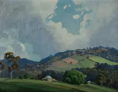 Travis Webber, Homestead in an Australian Pastoral Landscape, Oil on Board