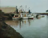 Rick Everingham, Fisheries Wharf, Oil on Canvas on Board