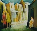 Bill Coleman, Gossips on the Street, Oil on Board
