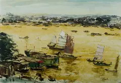 Charles Bush, The Pearl River - Canton China, Mixed Media on Paper