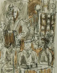 Cafe Crowd by Danila Vassilieff, Ink, Wash & W/Clr, sold Nov 2019