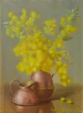 Clive Wilbow, Wattle Spray in Copper Jug, Oil on Canvas on Board