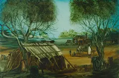 Aboriginal's Hut Scene by Pro Hart, Oil on Board, sold Nov 2019