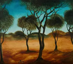 Outback Landscape by Pro Hart, Oil on Board, sold Nov 2019