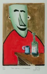 The Happy Drinker by Pro Hart, Hand-Painted Etching 10/100, sold Nov 2019