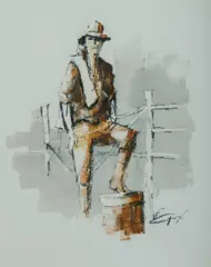 John Guy, Swagman by a Fence, Oil & Mixed Media on Paper