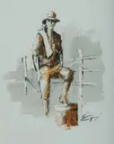 John Guy, Swagman by a Fence, Oil & Mixed Media on Paper