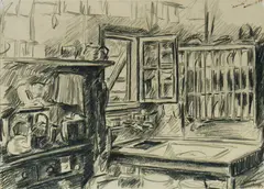 Arnold Victor Shore, Handi,' 1937. Wooden Cabin Interior, Pencil