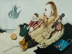 John Patrick Byrne, Boy on Beach with Violin & Doll, W/Clr & Gouache