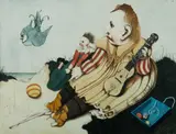 John Patrick Byrne, Boy on Beach with Violin & Doll, W/Clr & Gouache