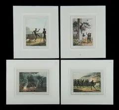 (4) 'The Dance,' 'Climbing Trees,' 'Repose,' & 'Trial.' From 'Field Sports of the Native Inhabitants of New South Wales,' pub. London, 1813. Aquatint (4) 22x17cm (2) & 17x22cm (2) by John Heaviside Clark, offered Nov 2019