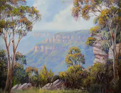 Sunlit Bluffs, Katoomba by John Bradley, Oil on Canvas on Board, sold Sep 2019