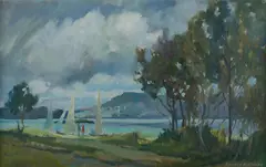 Narrabeen Lagoon by J Richard Ashton, 1976, Oil on Canvas on Board, sold Sep 2019