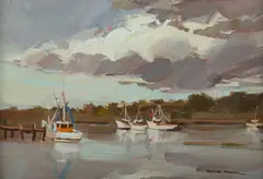Gary Baker, Boats in the Bay,' Sandgate Brisbane, Oil on Ply