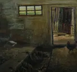 Christian Pedersen-Bellinge, Farmhouse Interior.' Canvas stencilled 'US Army Duck, Oil on Canvas