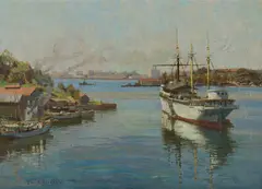 The Sobraon at Berry's Bay, Sydney by Percy Lindsay, Oil on Canvas on Board, sold Jul 2019