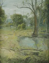 Boy Near Bush Creek. Estate Late J R Gibb by Lance Solomon, Oil on Canvas on Board, sold Jul 2019