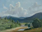 River Landscape with Grazing Cattle. Unsigned by Will Ashton, Oil on Canvas on Board, sold Jul 2019