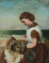 James Clark Waite, Girl Reading with Dog on Her Lap, British Coast, Oil on Canvas