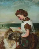 James Clark Waite, Girl Reading with Dog on Her Lap, British Coast, Oil on Canvas