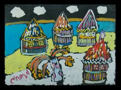 Untitled (Four Huts) by Malcolm de Chazal, Gouache, sold Jul 2019