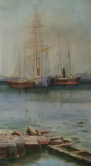 Aline Cusack, Moored Ships, Darling Harbour, 1895, Oil on Panel