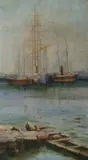 Aline Cusack, Moored Ships, Darling Harbour, 1895, Oil on Panel