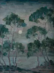 Portia Geach, Moonrise, likely Mosman Bay, Oil on Canvas on Board