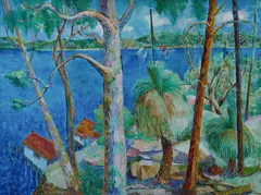 Boathouse, Pittwater,' c1960. Signed lower left (on boathouse wall) by Elaine Haxton, Oil on Canvas, sold Jul 2019