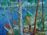 Elaine Haxton, Boathouse, Pittwater,' c1960. Signed lower left (on boathouse wall)