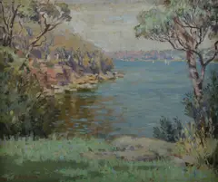 E. A. Hume, Walk Along the Rocks, Sydney Harbour, likely Cremorne Point, Oil on Canvas Board