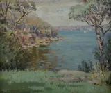 E. A. Hume, Walk Along the Rocks, Sydney Harbour, likely Cremorne Point, Oil on Canvas Board