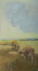 James Alexander Crisp, Grazing Sheep, Oil on Board