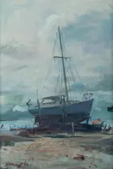 William Dargie, On the Hard - Port Albert, Oil on Canvas on Board
