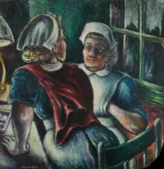 Maurice Carter, Nurses in a Nighttime Interior, Oil on Board