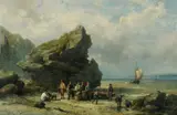 Hermanus Koekkoek, Figures on the Shore, Oil on Canvas