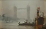 George Hyde Pownall, Below Tower Bridge.' Signed lower left; also signed & titled verso, Oil on Board