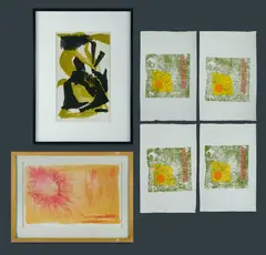 Mary MacKay, Equinox,' s/print 1/3 (42x25cm); 'Desert Sun,' 1968, lithograph A/P (31x48cm); & 'Woodcut,' 1969 (4 examples, 22x22cm each)