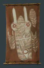 George Djaykurrnga, Dreaming Tree and Totems of the Painter's Country.' Original Oenpelli paper label verso cat CMS GG2, Natural Earth Pigments on Bark