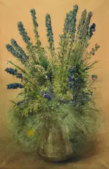 Richard Fallenböck, Flower bouquet with delphinium and baby's breath, 1890, mixed media on paper; framed
