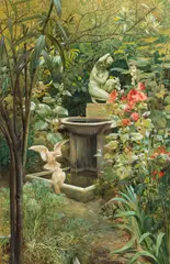 Richard Fallenböck, Fountain in a romantic garden, 1890, mixed media on paper; framed