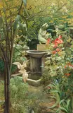 Richard Fallenböck, Fountain in a romantic garden, 1890, mixed media on paper; framed