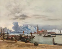Rudolf von Alt, View of San Giorgio Maggiore from the pier of Venice, oil on canvas; framed