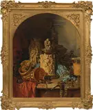 József Borsos, Still life with precious ornamental vessels, dagger and watches, oil on canvas; framed