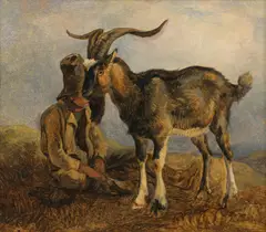 Friedrich Gauermann, Shepherd boy with billy goat, oil on paper on canvas; framed
