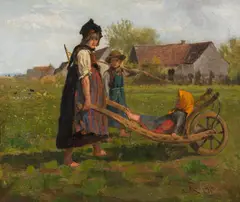 Mother with children working in the fields by Antonio Montemezzo, oil on canvas; framed, offered Jun 2023