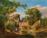 Ferenc Markó, Arcadian landscape with waterfall, 1854, oil on cardboard; framed