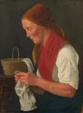 Johann Michael Neder, Knitting woman with brown headscarf, 1858, oil on panel; framed