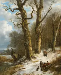 Remigius Adrianus Haanen, Hunters in the winter forest, oil on canvas; framed