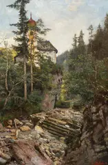 Georg Holub, Landscape with church by a river, 1898, oil on canvas; framed